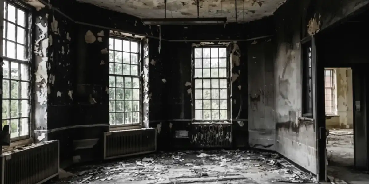 fire damage repair addressing severe interior damage and smoke residue inside a burned home in Myrtle Beach, SC