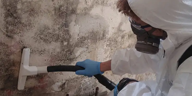 professional mold removal technician wearing protective equipment removing mold from a wall in Myrtle Beach, SC